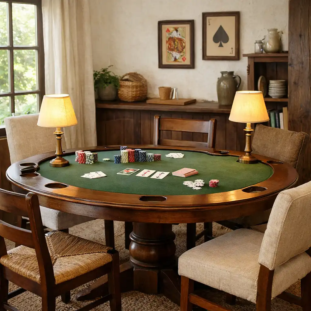 Világos Card Room belsőtér fizikai pokerasztallal, kényelmes székekkel és meleg asztali lámpákkal