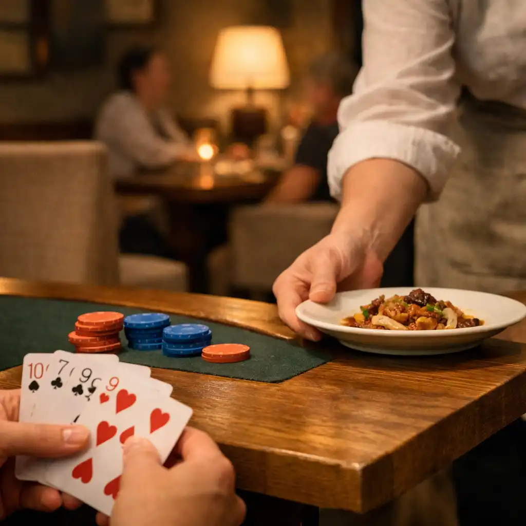 Felszolgáló keze tányért helyez a Card Room faasztalára kártyák és visszafogott színes zsetonok közelében