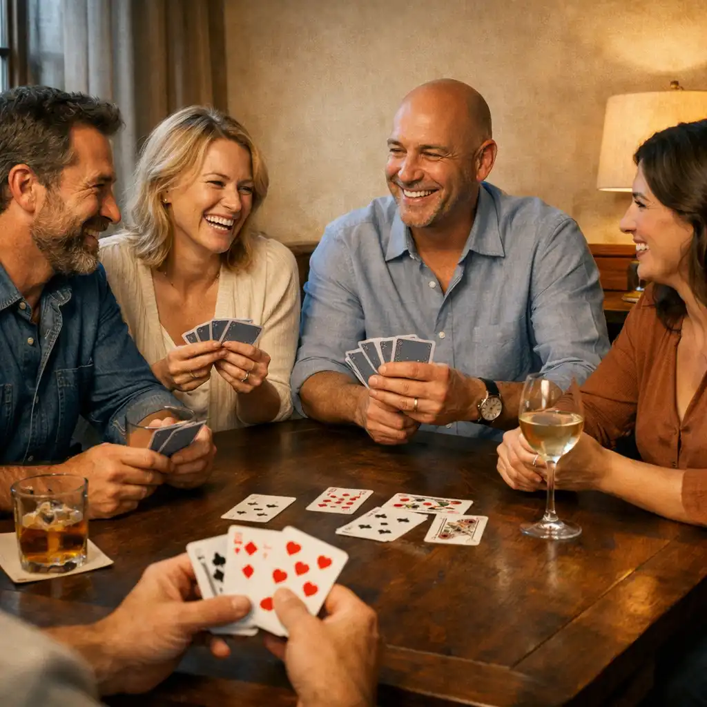 Vendégek kártyákkal és italospoharakkal egy sötét faasztal körül a Card Lounge-ban