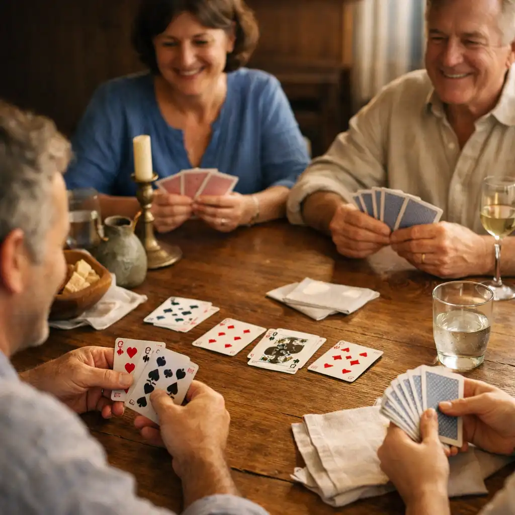 Emberek kezei kártyákkal egy meleg fényű faasztal körül a Card Roomban